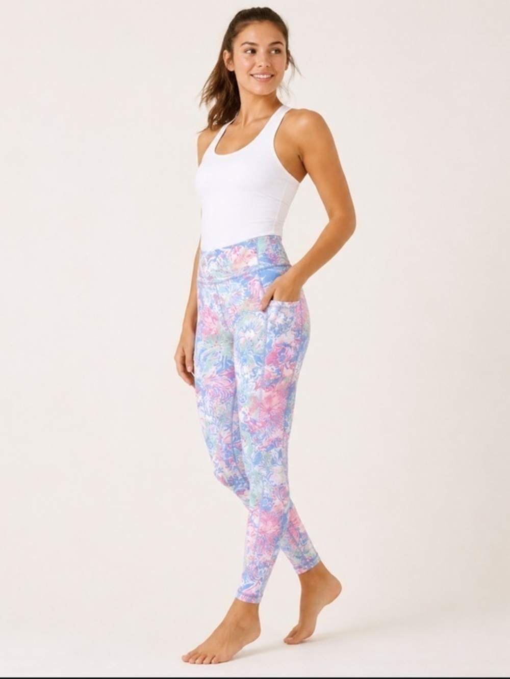 Lilly Pulitzer coastal Luxletic Floral Leggings Pants XS Blue Pink Pockets
